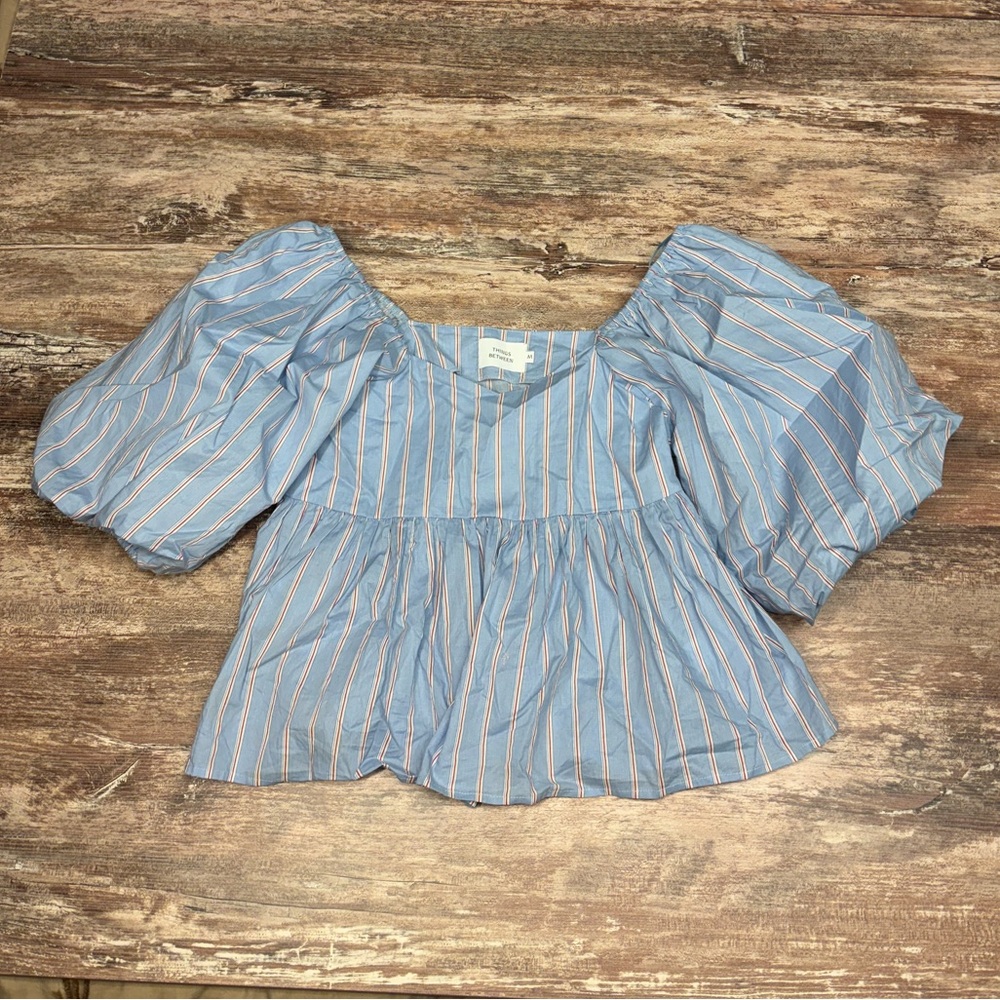 Things Between | VGUC Blue Striped Blouse Puff Sleeves Boho Farm Cottage Crop M